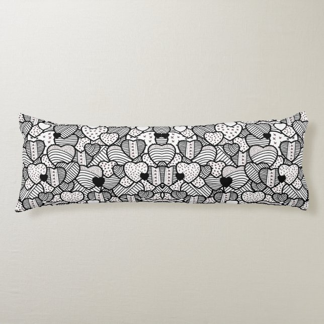 Coussins Longs Cute noir blanc coeurs motif (Devant)
