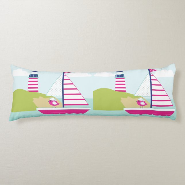 Coussins Longs Cute Pink Sail Boat and Lighthouse (Devant)