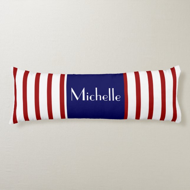 Coussins Longs Cute Stripes, Rouge Blanc & Bleu, Ajouter votre no (Devant)