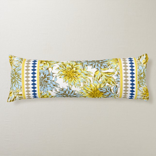 Coussins Longs Dahlias jaune bleu avec motif (Devant)