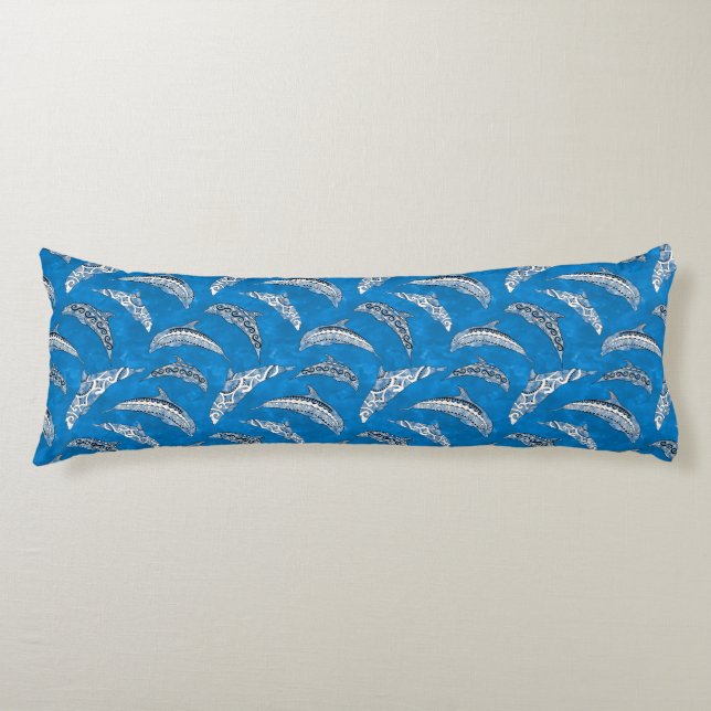 Coussins Longs Dauphins Tribaux Hawaïens Bleu Océan (Devant)