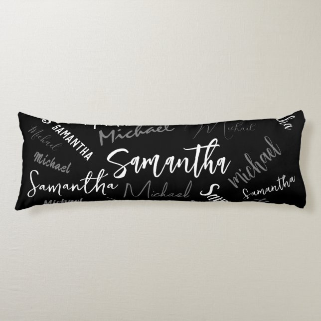 Coussins Longs Deux noms couple motif monogramme noir gris blanc (Devant)