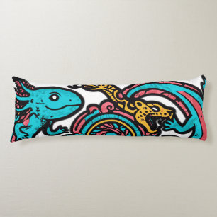 Coussins Longs Dieu aztèque Xolotl combattant l'art tribal de la 