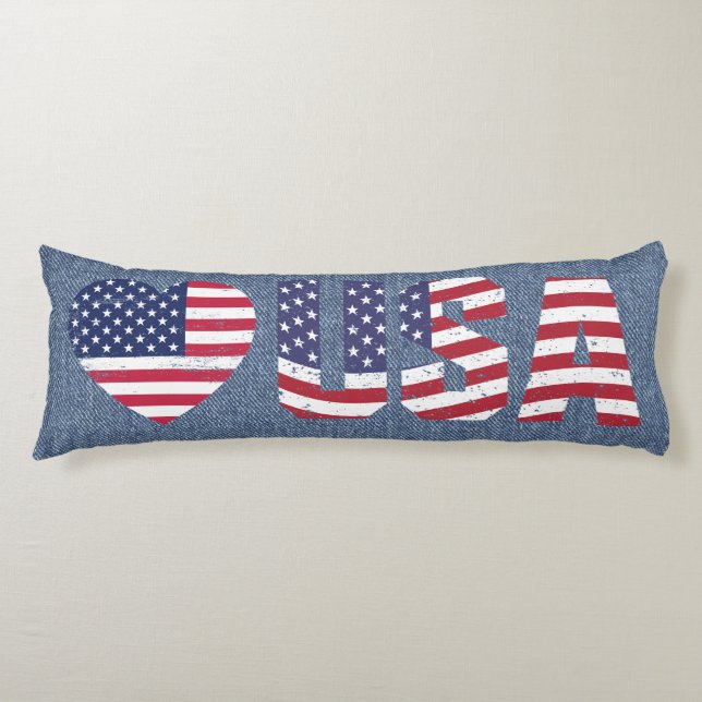 Coussins Longs Drapeau patriotique Amour USA Bleu Jean Denim Styl (Devant)