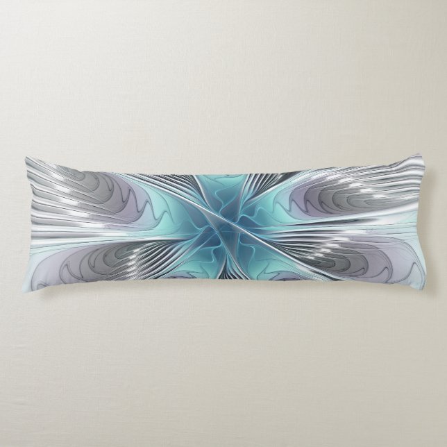 Coussins Longs Élégance Moderne Art Fractal Fleur Bleu Gris Blanc (Devant)