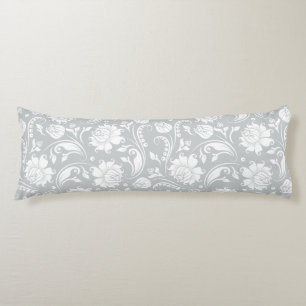 Coussins Longs Élégant Damas Floral Blanc Et Gris