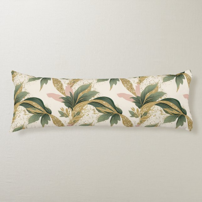 Coussins Longs Élégant motif de feuilles dorées et vertes (Devant)