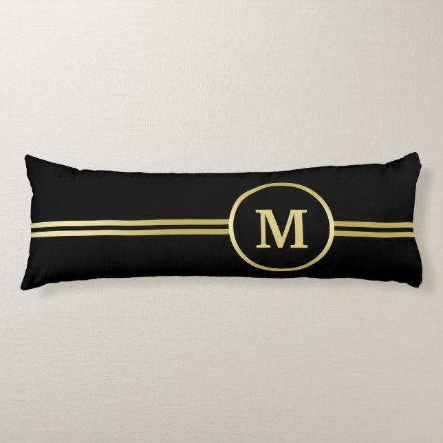 Coussins Longs Élégant or Monogramme personnalisé sur noir (Devant)