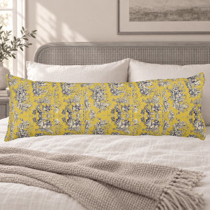 Coussins Longs Élégante toile de Jouy vintage jaune lac