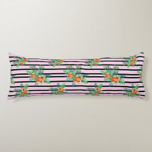 Coussins Longs Elégantes rayures florales - Fleur noire et rose