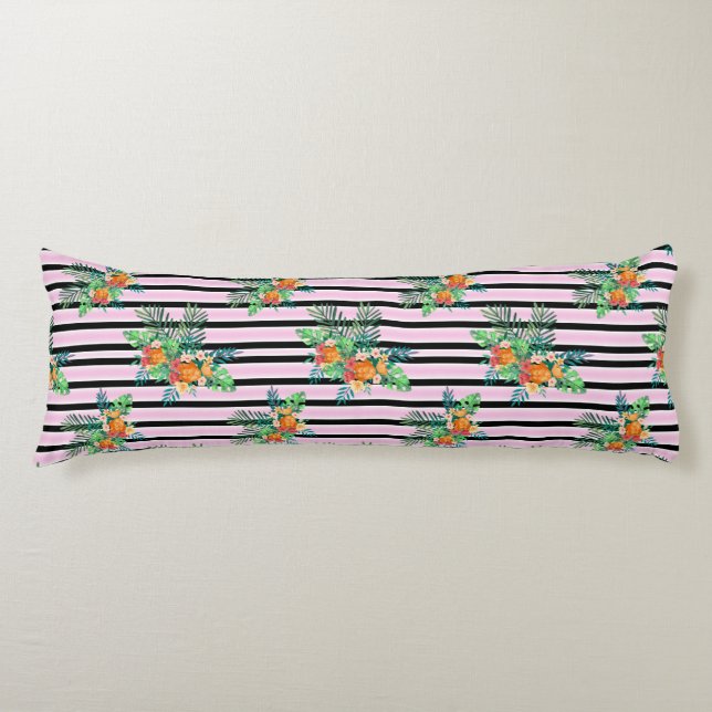 Coussins Longs Elégantes rayures florales - Fleur noire et rose (Devant)