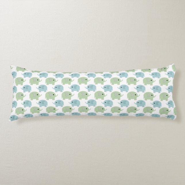 Coussins Longs Éléphants doux bleus et verts à pois (Devant)