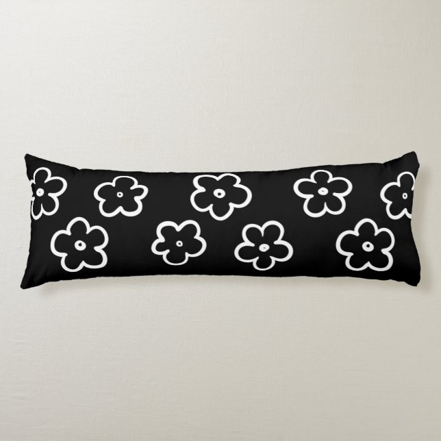 Coussins Longs Fantasque floral noir et blanc Rétro et joyeux (Devant)