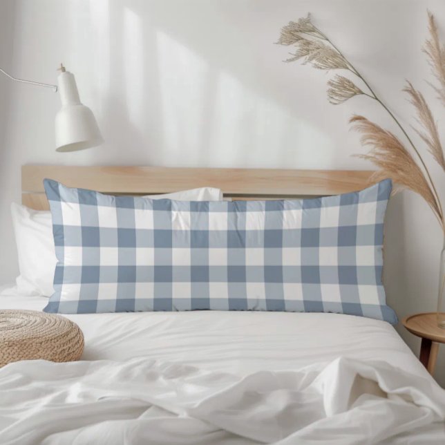 Coussins Longs Farmhouse Dusty Blue Rustic Gingham Check Plaid (Créateur téléchargé)