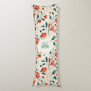 Coussins Longs Feuille bleue blanche et motif floral rouge