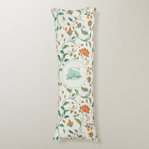 Coussins Longs Feuilles bleu vintage et motifs floraux orange