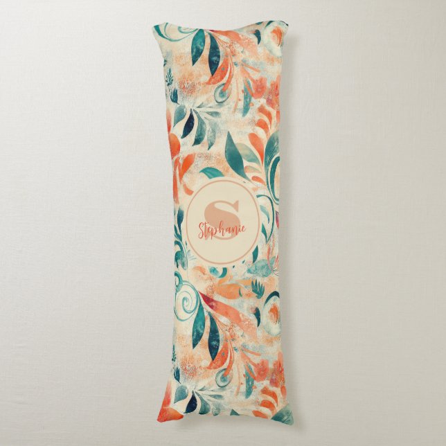 Coussins Longs Feuilles bleus rustiques et motifs floraux rouge-o (Devant (Vertical))