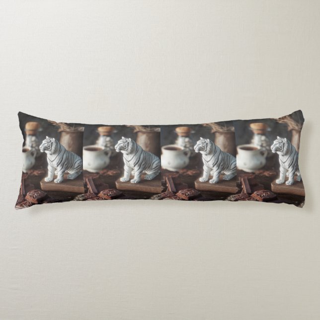 Coussins Longs Figurine de Tigre Blanc – Chocolat Rustique & Café (Devant)