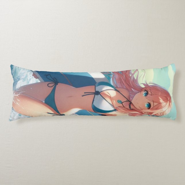 Coussins Longs Fille surfeuse d'anime côtier/nautique/tropical (Devant)