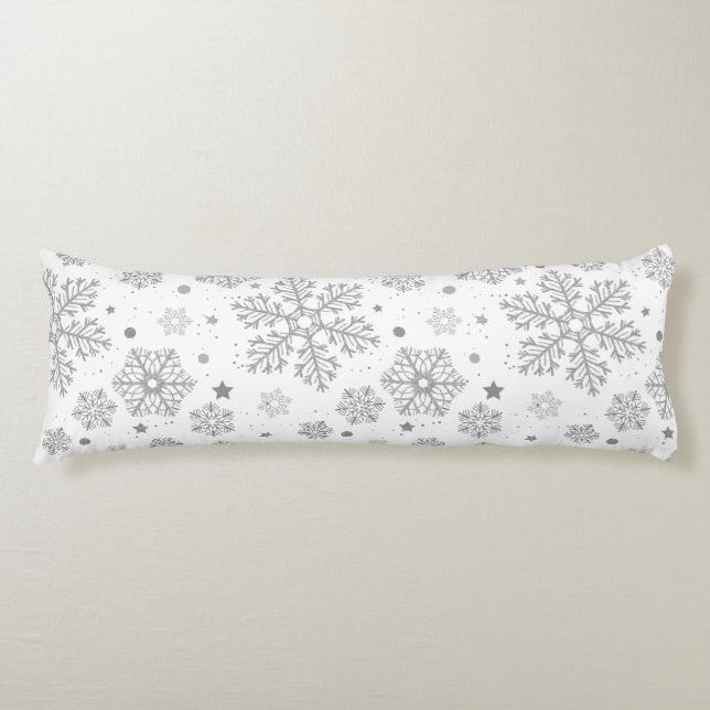 Coussins Longs Flammes de neige en argent sur blanc (Devant)