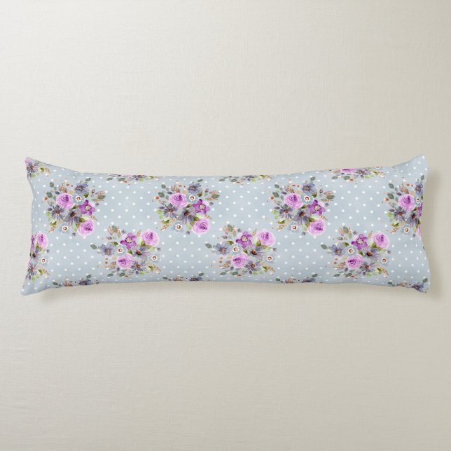 Coussins Longs Fleur aquarelle violette à pois bleus et blancs (Devant)