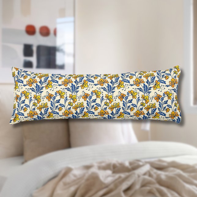 Coussins Longs Fleur Bleue Feuillue de Style Folk Orange Jaune Vi (Créateur téléchargé)