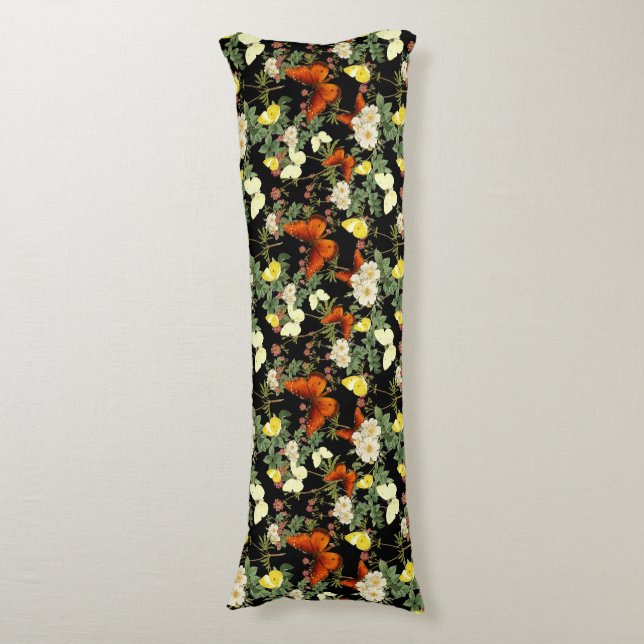 Coussins Longs Fleur d'Apple et papillons Arrière - plan noir (Devant (Vertical))