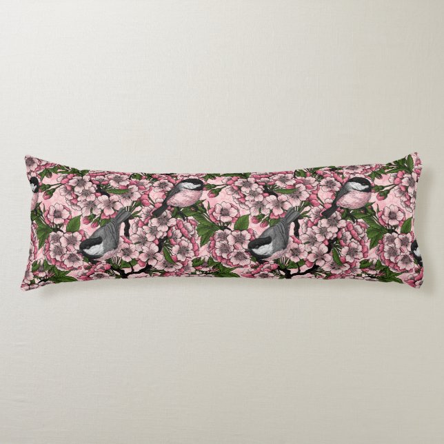 Coussins Longs Fleur de cerisiers et poulets roses (Devant)