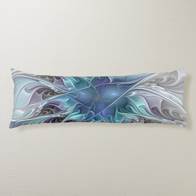 Coussins Longs Fleur de fractale moderne abstraite avec du bleu (Devant)