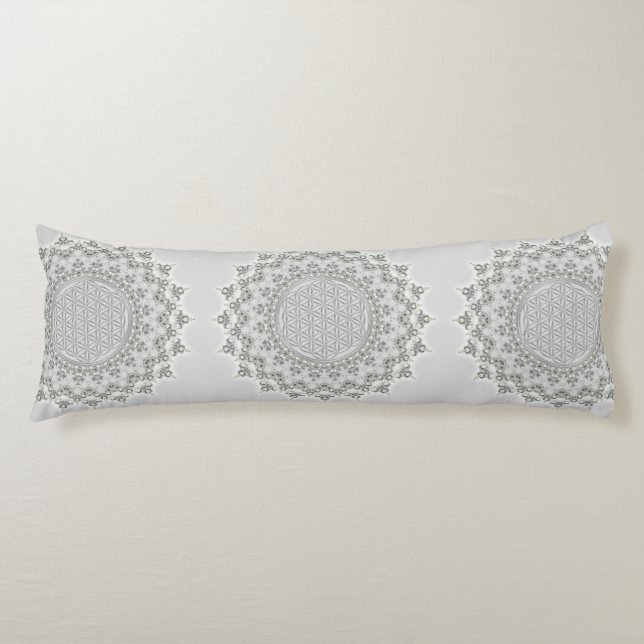 Coussins Longs Fleur de la vie - Fractal Mandala gris vert (Devant)