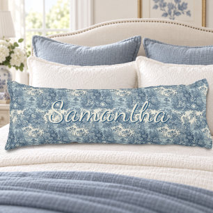 Coussins Longs Fleur de lac vintage toile de jouy bleue