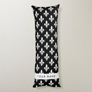 Coussins Longs Fleur de Lis, Blanc sur Noir, Blanc, Votre Nom