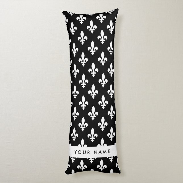 Coussins Longs Fleur de Lis, Blanc sur Noir, Blanc, Votre Nom (Dos (Vertical))