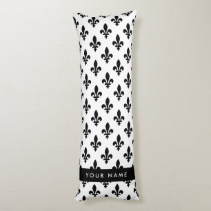 Coussins Longs Fleur de Lis, Noir sur Blanc, Noir, Votre Nom