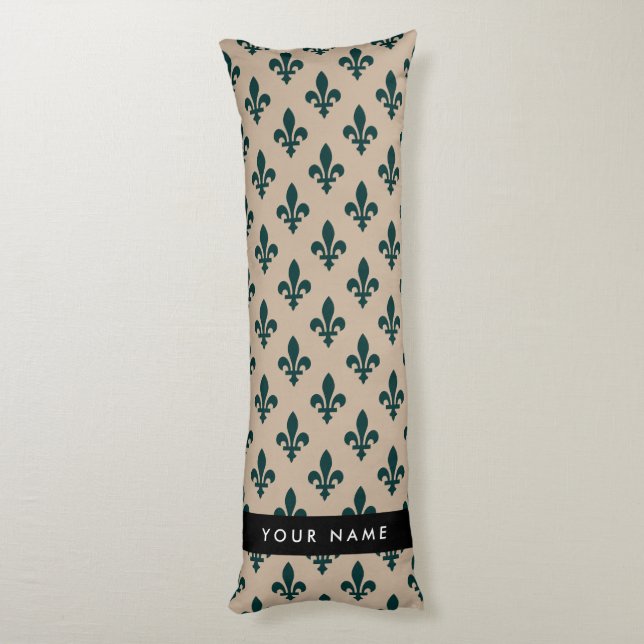 Coussins Longs Fleur de Lis, Vert sur Beige, Royal, Votre Nom (Dos (Vertical))