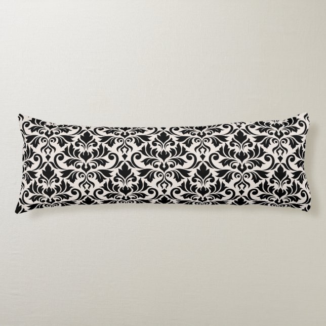 Coussins Longs Fleurir Damas Grand Motif Noir sur Crème (Devant)