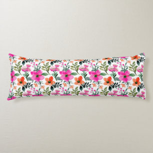 Coussins Longs Fleurs aquarelles orange rose feuilles vertes blan