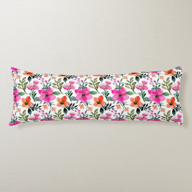 Coussins Longs Fleurs aquarelles orange rose feuilles vertes blan (Devant)