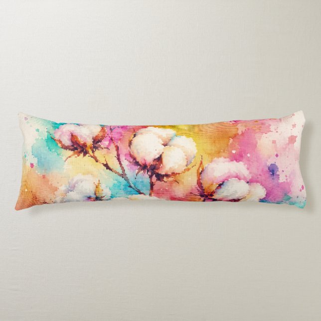 Coussins Longs Fleurs de coton aquarelle vibrantes de style géomé (Devant)