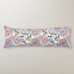 Coussins Longs Fleurs de pivoines et oiseaux