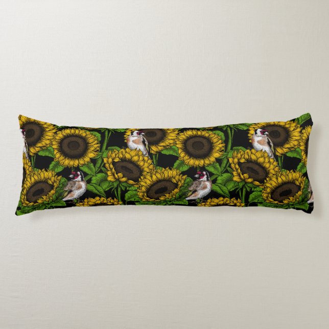 Coussins Longs Fleurs de soleil et ailerons sur noir (Devant)