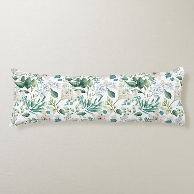 Coussins Longs Fleurs Florales Blanches Feuillage Eucalyptus Élég (Devant)