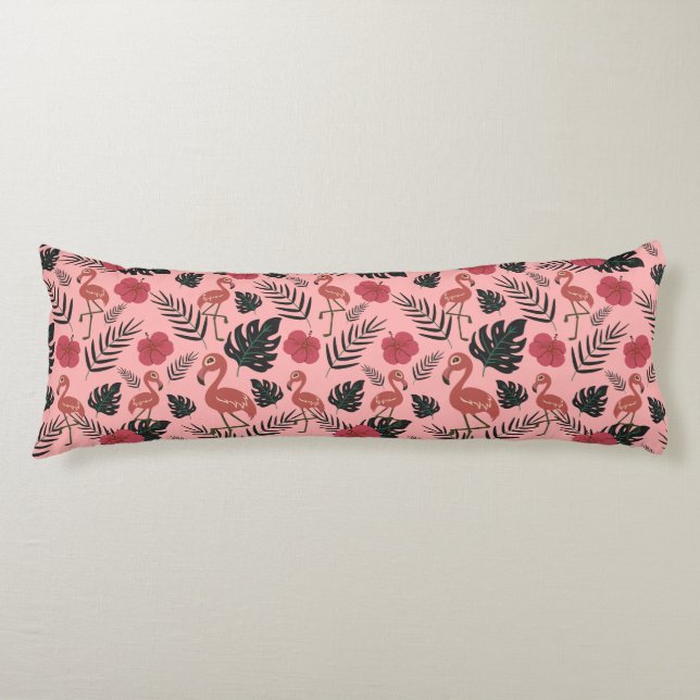 Coussins Longs Fleurs motifs et feuilles flamands roses (Devant)