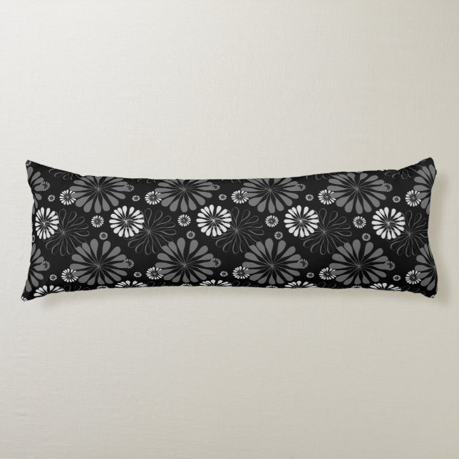 Coussins Longs Fleurs Rétro Noir et Blanc (Devant)