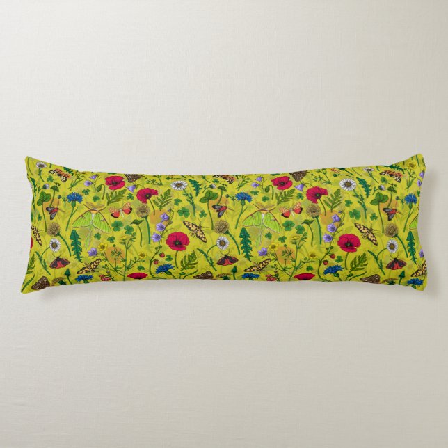 Coussins Longs Fleurs sauvages et papillons de nuit en vert (Devant)