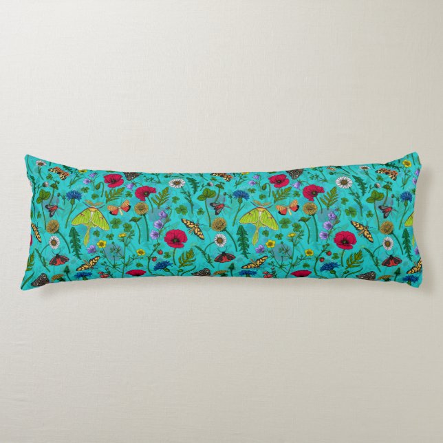 Coussins Longs Fleurs sauvages et papillons de nuit sur turquoise (Devant)
