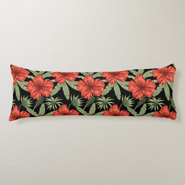 Coussins Longs Fleurs tropicales rouges sans coutures motif vert  (Devant)