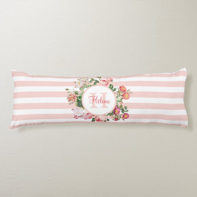 Coussins Longs Fleurs Vintage Rayures Roses Monogramme (Devant)