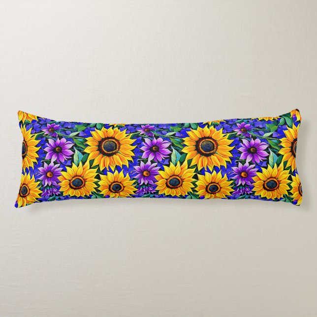 Coussins Longs Fleurs violettes et tournesols jaunes Floral (Devant)