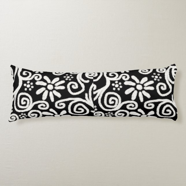 Coussins Longs Floral noir blanc & Fleurs Motif de fleurs (Devant)